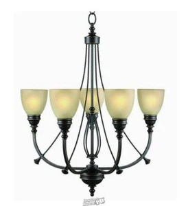 5-Light Bronze Chandelier with Tea Stained Glass Shades - Picture 1 of 2