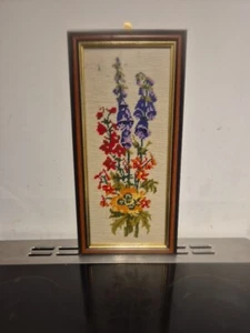 FRAMED 42 CM BY 21CM WOOL EMBROIDERY PICTURE OF RED & PURPLE FLOWERS WITH LEAVES - Picture 1 of 5