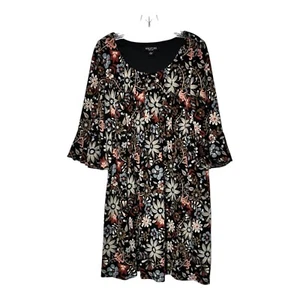 Perceptions Floral Print Dress 3/4 Bell Sleeve Casual Black Womens Size Large - Picture 1 of 7