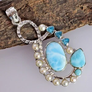 Colgante de perlas topacio azul diseñador piedras preciosas Larimar naturales joyas regalo de cumpleaños - Imagen 1 de 4