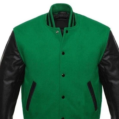 Varsity Jacket Mens Wool Blend  Real Leather Sleeves Sport Jacket Sizes All - Image 1 of 4