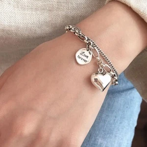 Vintage 925 Sterling Silver Heart Pendant Unique Chain Bracelet Stylish Bangle - Picture 1 of 6