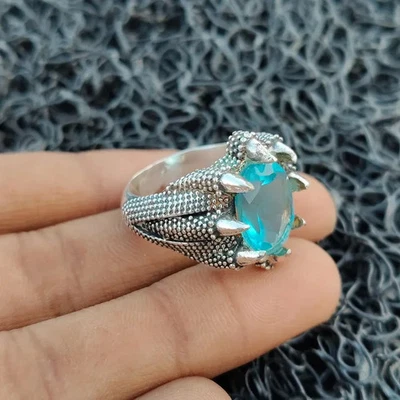 Handmade Blue Topaz Ring Men's 925 Sterling Silver Statement Men's Gift Ring B53 - Image 1 of 4