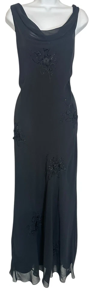 Vestido Adrianna Papell preto frisado floral aplique Y2K fada caprichoso 12 - Imagem 1 de 4