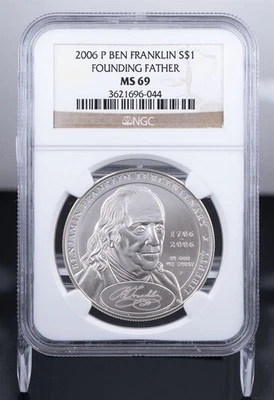 Certified 2006-P Silver $1 NGC MS69 Ben Franklin Founding Father  - Image 1 of 4