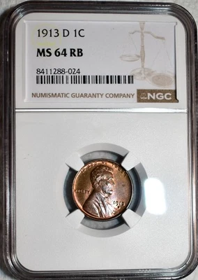 NGC MS-64 RB 1913-D Lincoln Cent, Razor-Sharp, Red-Brown specimen! - Image 1 of 2