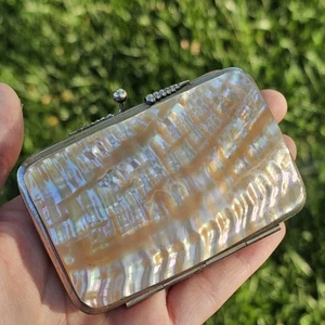 Vintage Abalone Muschel Mini Handtasche Clutch aufklappbar Lederfach rechteckig MANGEL - Bild 1 von 24