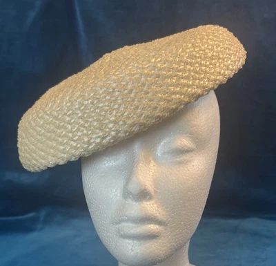 Woven Straw Beret Hat Ivory Cream Color Vintage - Image 1 of 4