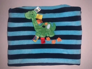 TAGGIES Plush Baby Toddler Blanket Blue Striped Embroidered Dinosaur 29x38” (HS - Picture 1 of 5