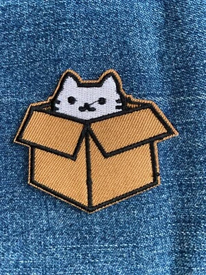 CAT IN A BOX Embroidered PATCH Sew Iron NEW 9.5 - Image 1 of 3