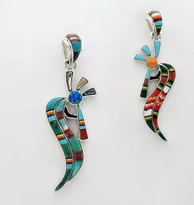 PRETTY HANDMADE KOKOPELLI PENDANT IN TURQUOISE/MULTICOLOR INLAY IN .925 SILVER - Picture 1 of 3