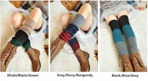 Sale Winter Tricolour Stitching Women Leg Warmer Knitted Socks Crochet Leggings - Picture 1 of 10