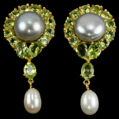 NATURAL MULTI COLOR PEARL CABOCHON & GREEN PERIDOT STERLING 925 SILVER EARRING - Image 1 of 4