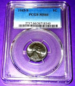 1943-S STEEL GEM UNCIRCULATED WHEAT BACK PENNY-PCGS GRADED MS-66 (REAL SHARP) - Picture 1 of 2