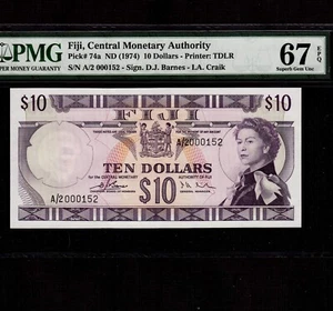 Fiji 10 Dollars 1974 P-74a * PMG Gem Unc 67 EPQ * Queen Elizabeth * Top Pop * - Picture 1 of 2