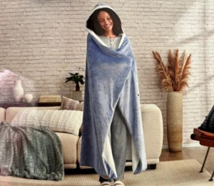 Koolaburra by UGG Sloan Stonewash Blue & White Hooded Throw 50" x 60" NIP - Picture 1 of 5