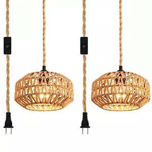 2 Pack Plug in Pendant Light Rattan Hanging Lamp with Switch,Mini Rattan Boho... - Picture 1 of 9