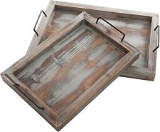 Set of 2 Country Rustic Brown Wood Finish Nesting Serving Trays w/ Metal Handles