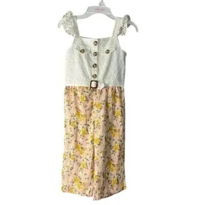 Little Lass Floral Eyelet Jumpsuit with Button Front and Belt Detail Size 4 D36 - Picture 1 of 6