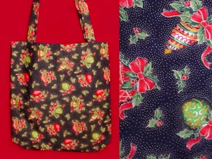 HANDMADE CHRISTMAS TOTE COLORFUL ORNAMENTS ON BLACK W POCKET LINED 100% COTTON - Picture 1 of 3