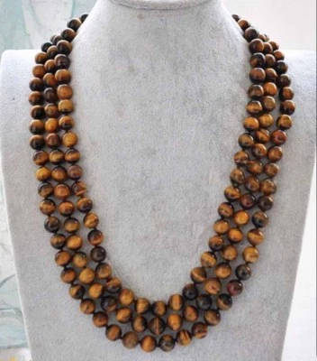 Collar largo de cuentas redondas de piedras preciosas de ojo de tigre amarillo natural de 8 mm de moda 54"" Foto 1 de 3