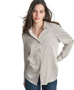 Dkny Jeans Women's Collared Long-Sleeve Blouse - Vanilla Bean/Blk Size S 307113 - Picture 1 of 4