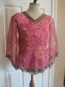 Limited Too Girls Sz S Long Bell Sleeves Tunic Top Floral Small Pink Lace Lined - Picture 1 of 10