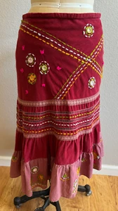 Peace and Love Red Pink Floral Embroidery Boho Corduroy Skirt sz XL/46 EUC Spain - Picture 1 of 5