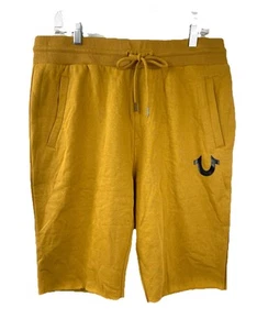 True Religion Men L Sweat Shorts Sweatshorts Mustard Yellow Black Horseshoe Logo - Picture 1 of 18
