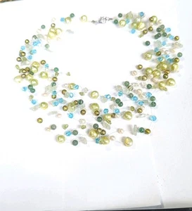 Multi Strand Cultured Pearl, Peridot, Fluorite, and Crystal Necklace 18" 925! - Picture 1 of 4