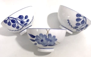 Misty Rose Rice Bowls Super White China Set of 3 Blue Florals - Picture 1 of 9
