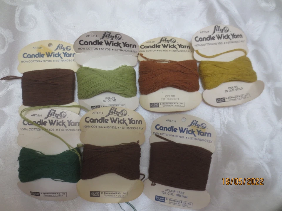 7 Vintage Lily Candle Wick Yarn Cards Browns & Greens 100% cotton lot #2 - Image 1 of 1
