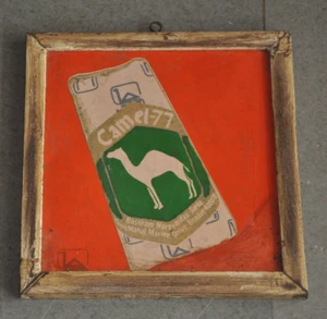 Vintage Camel - 77 Bidi/Cigarettes Wooden Framed Ad Litho Tin Signboard - Picture 1 of 6