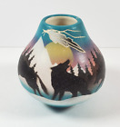 Native American Pottery Vase Artist Signed Mountain Wolves Scenery 3.5"H