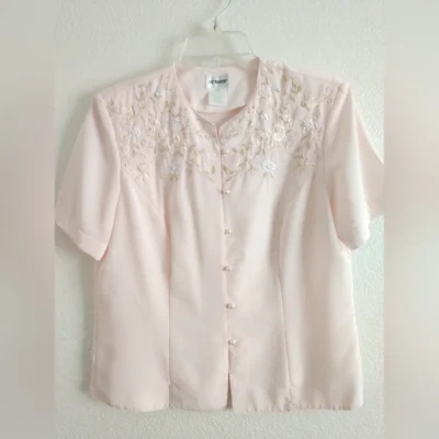 漂亮复古 Liz Baker 粉色粉色衬衫短袖刺绣 10 — 第 1/4 张图片