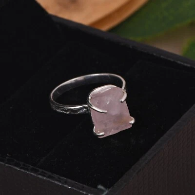 Anillo de compromiso de cuatro garras de cuarzo rosa natural anillo de compromiso de plata de ley regalo para ella Foto 1 de 4