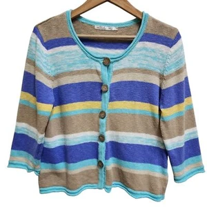 Lulu B Cardigan Sweater Women M Blue Tan Cotton Striped Button 3/4 Sleeve Casual - Picture 1 of 11