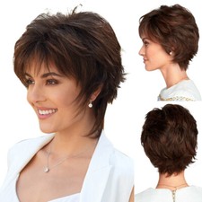 Womens Omrbe Brown Pixie Bob Wig Short Straight Wavy Hair Boycut Cosplay Wigs·