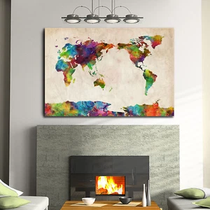 Framed Canvas Prints Stretched Watercolor World Map Wall Art Home Decor Print - Picture 1 of 11