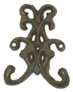 Cast Iron Antique Vintage Rustic Black 3 1/2"wide Double Flower Hook 0170-01556 - Picture 1 of 24