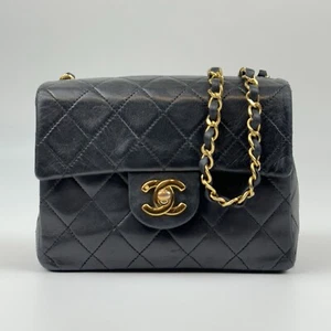 Auth CHANEL Matelasse Mini Flap Chain Bag Black Lambskin 1989-1991 a12 - Picture 1 of 24