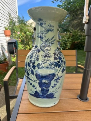 Jarrón antiguo chino azul y blanco de porcelana de 16,5" ~ pájaro y flores Foto 1 de 4