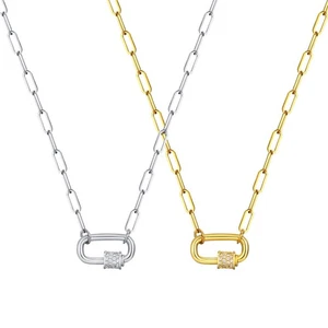 Paperclip Safety Pin Pendant Necklace, Stainless Steel Zirconia Gold Plated - Picture 1 of 26