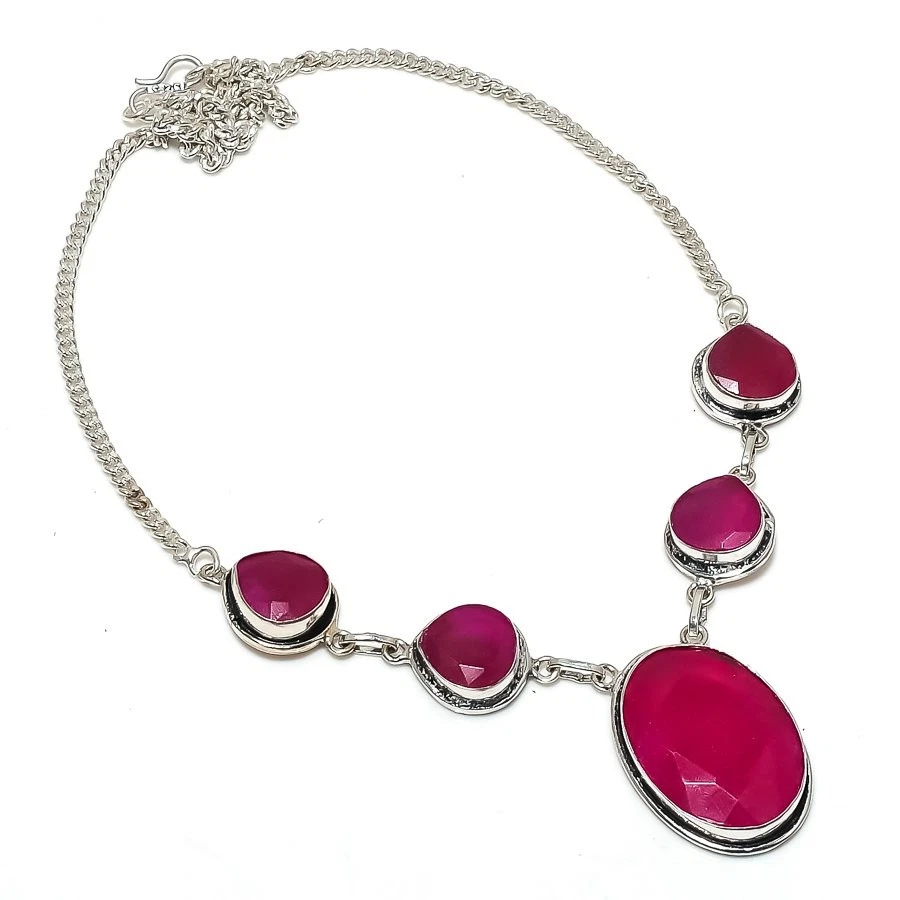 Ruby(Simulated) Gemstone 925 Sterling Silver Jewelry Necklace 18" P058 - Image 1 of 1