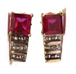 10k yellow Gold princess Lab created Ruby .01ct diamond gemstone stud earrings - Picture 1 of 6