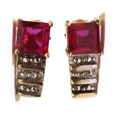10k yellow Gold princess Lab created Ruby .01ct diamond gemstone stud earrings - Image 1 of 4