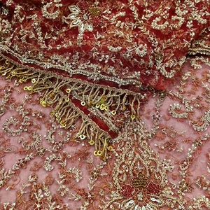 Vintage Heavy Bridal Maroon Dupatta Net Mesh Long Stole Hand Embroidered Scarves - Picture 1 of 22