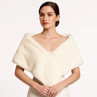 NUEVO SIN ETIQUETAS Envoltura/Estola nupcial de piel sintética marfil con forro satinado - Talla única Foto 1 de 4