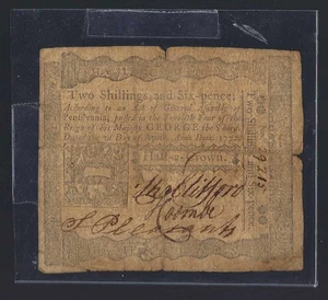 APRIL 3, 1772 TWO SHILLING SIX PENCE CONTINENTAL CURRENCY NOTE COLONIAL - Picture 1 of 2