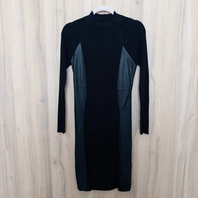Calvin Klein Sweater Dress Size S Black Faux Leather Panel Midi Minimalist Chic - Image 1 of 4